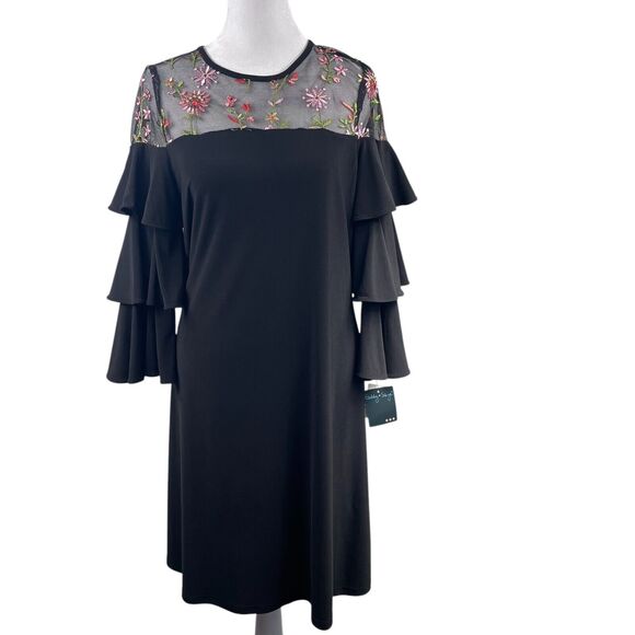 Black Shift Dress Sz 4 Mesh Embroidered Floral Ruffled Sleeves Whimsigoth Fairy - Picture 3 of 11